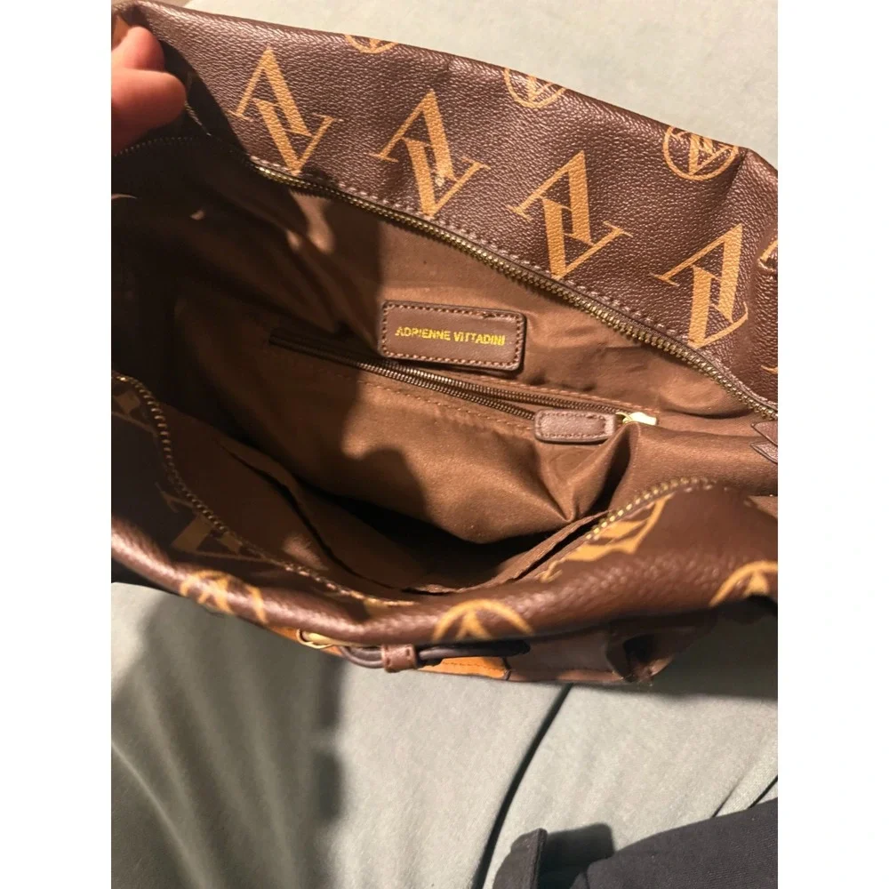 Adrienne Vittadini Brown Logo Satchel Handbag Gold Hardware Zip Top - Picture 5 of 5